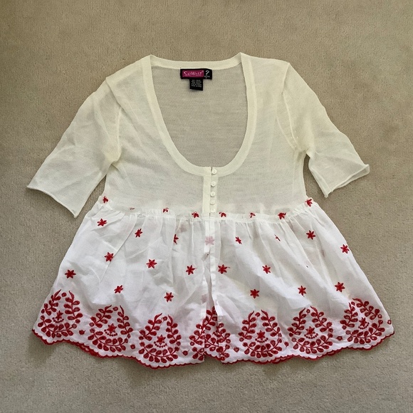 White mesh top with red embroidered - Picture 1 of 7
